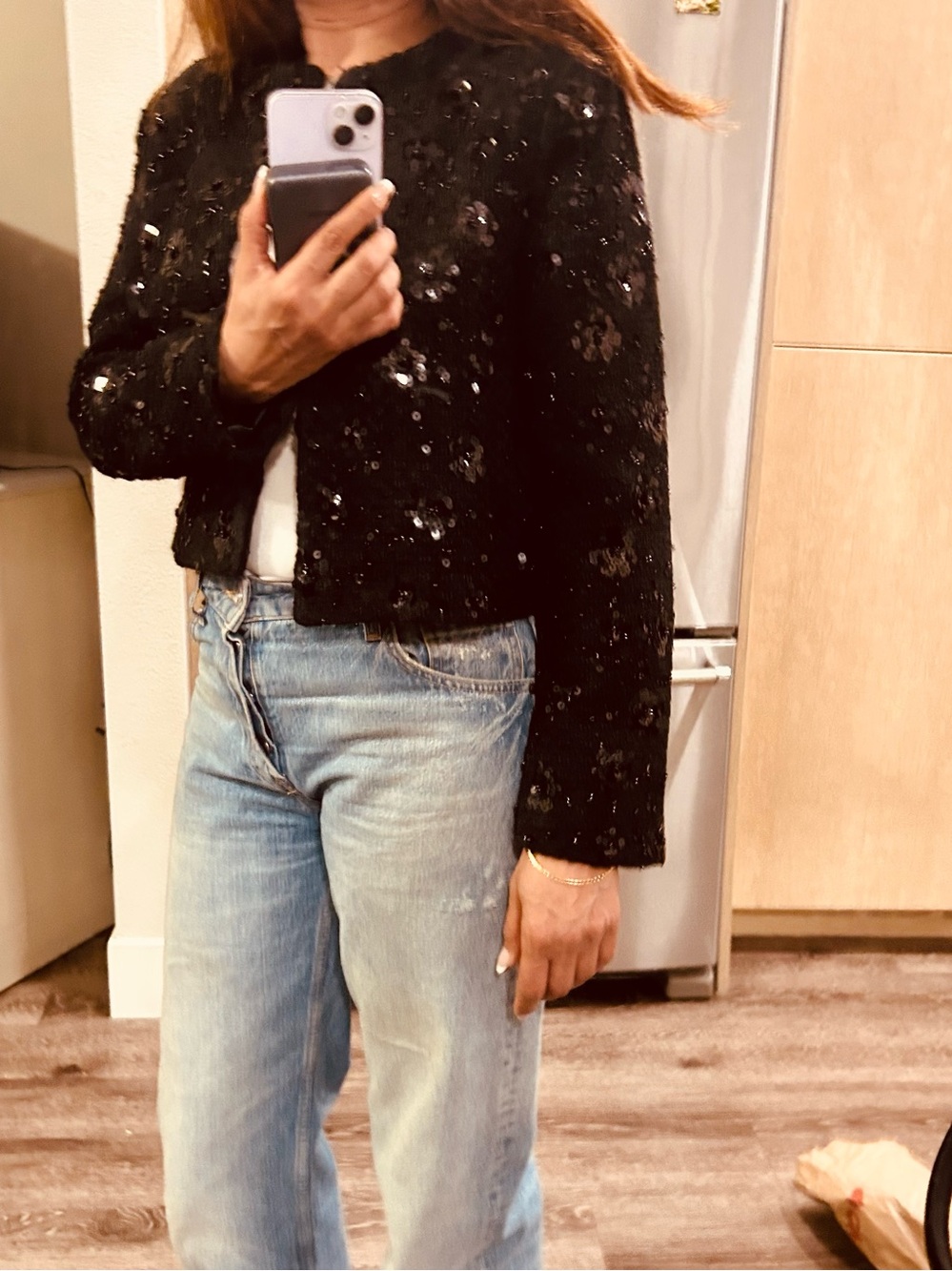 ZARA Black Sequin Tweed Cropped Blazer